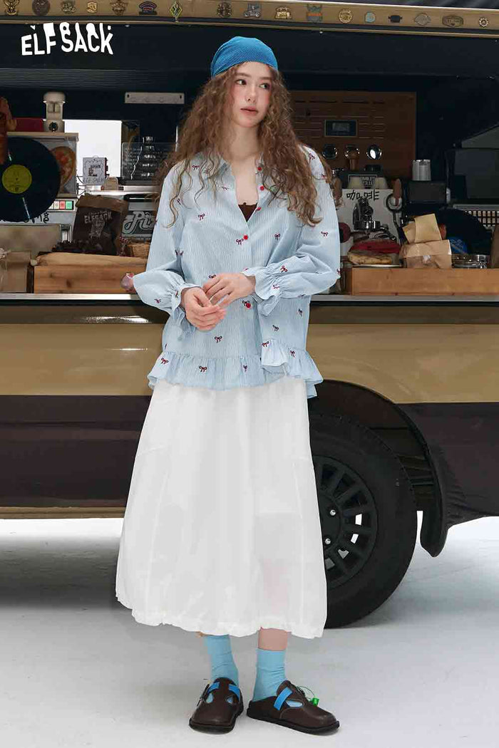ELFSACK Bow Embroidered Striped Shirt with a Ruffle Hem