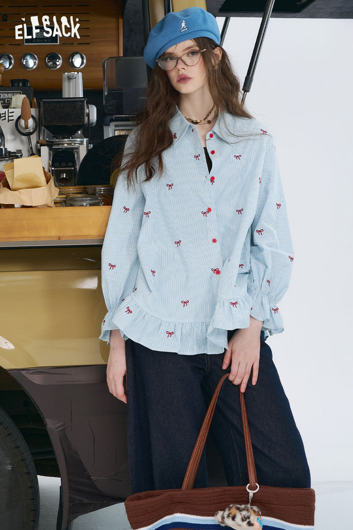 ELFSACK Bow Embroidered Striped Shirt with a Ruffle Hem