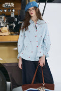 ELFSACK Bow Embroidered Striped Shirt with a Ruffle Hem