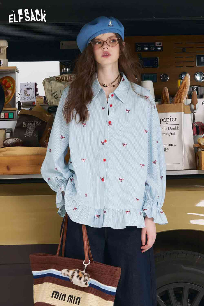ELFSACK Bow Embroidered Striped Shirt with a Ruffle Hem