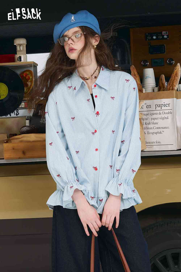 ELFSACK Bow Embroidered Striped Shirt with a Ruffle Hem