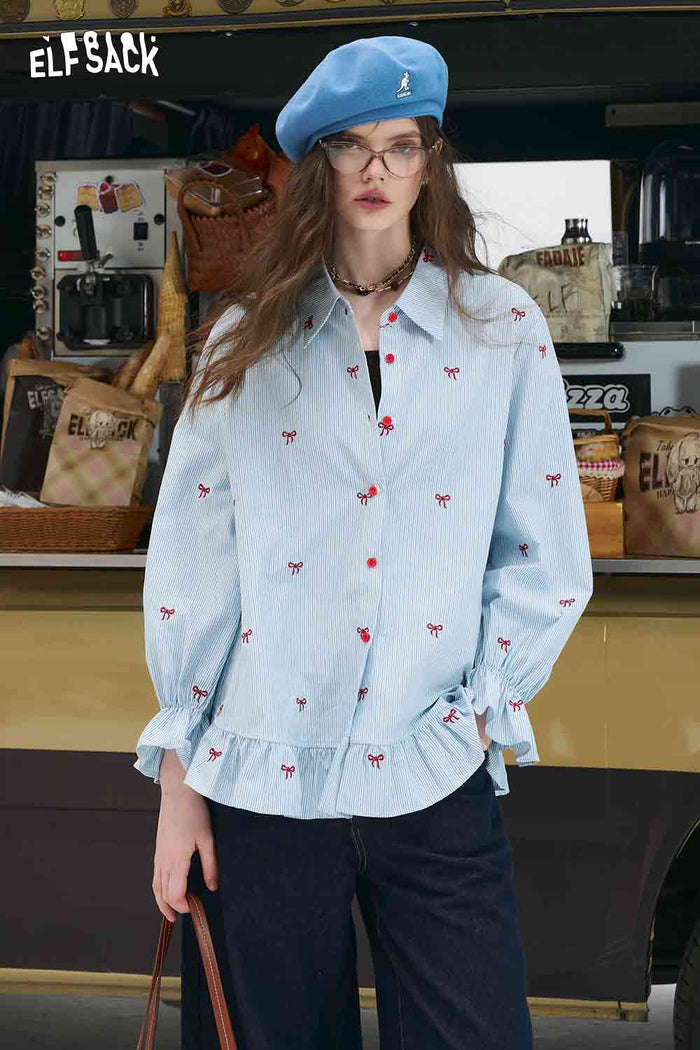 ELFSACK Bow Embroidered Striped Shirt with a Ruffle Hem
