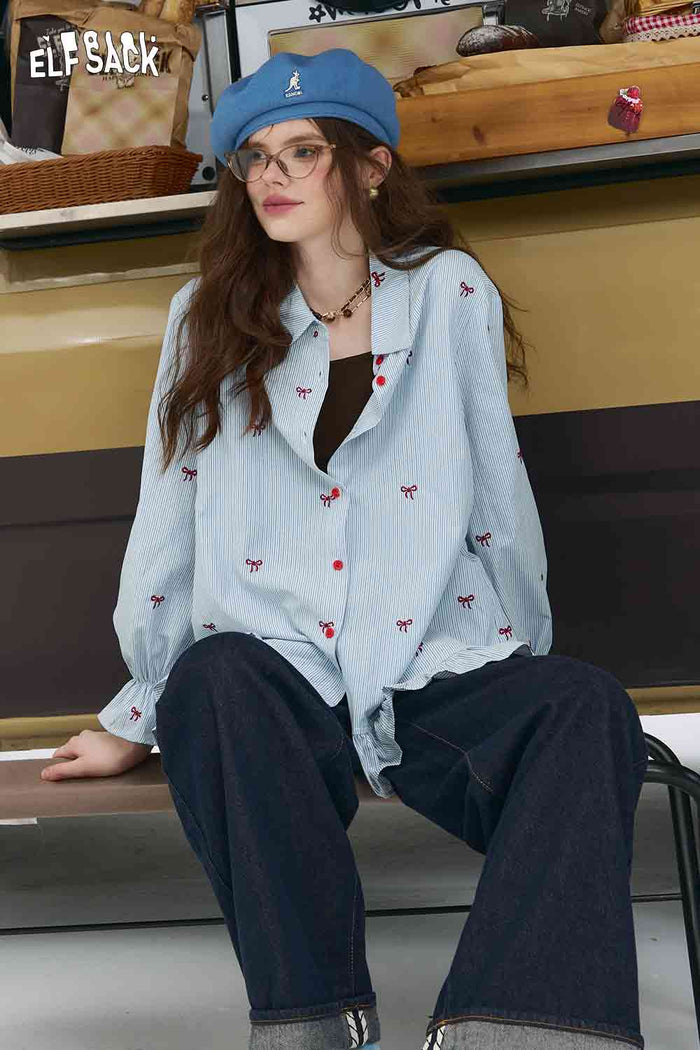 ELFSACK Bow Embroidered Striped Shirt with a Ruffle Hem