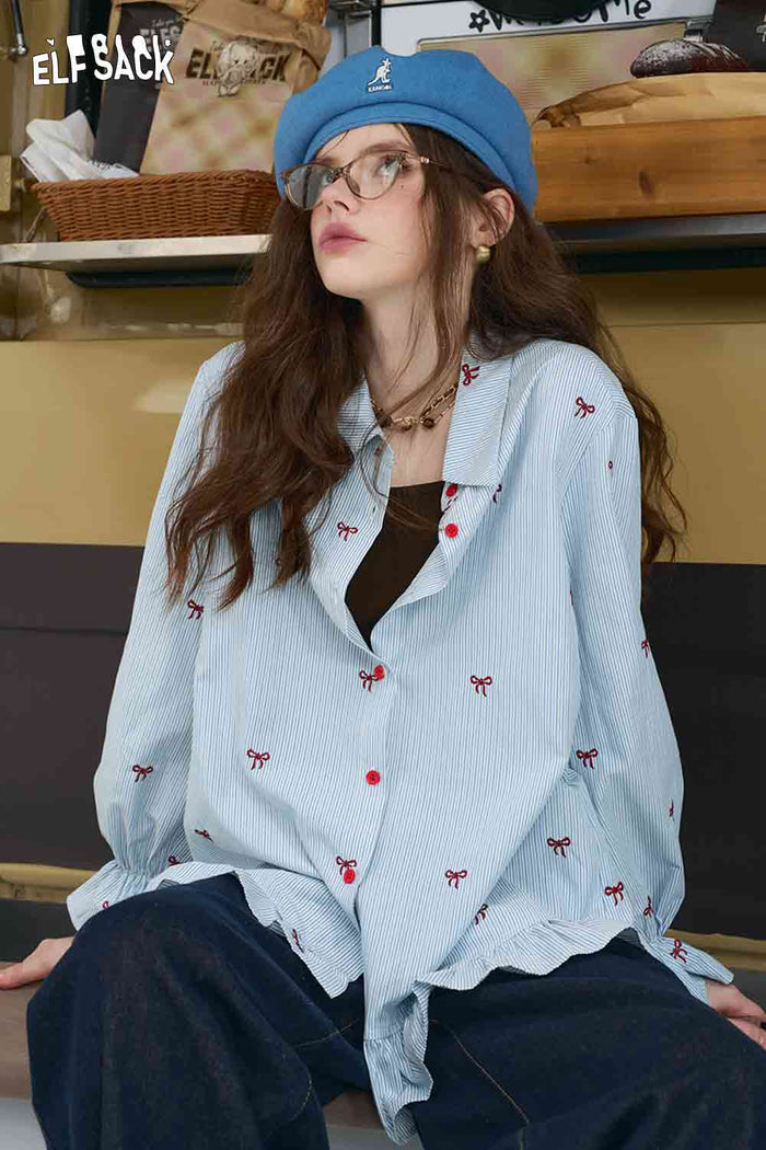 ELFSACK Bow Embroidered Striped Shirt with a Ruffle Hem