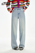 ELFSACK Bow embroidery loose straight blue jeans