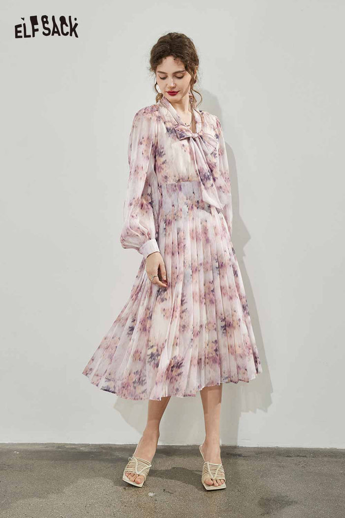 ELFSACK Breathable Bow Tie French Floral Graphic Resort Dress