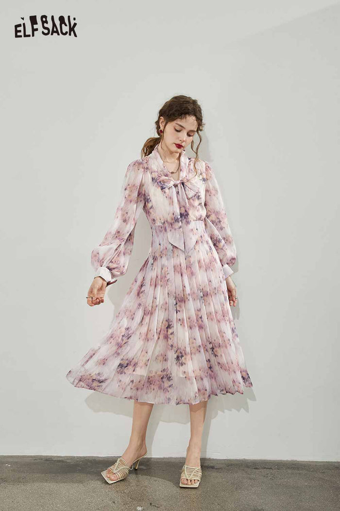 ELFSACK Breathable Bow Tie French Floral Graphic Resort Dress