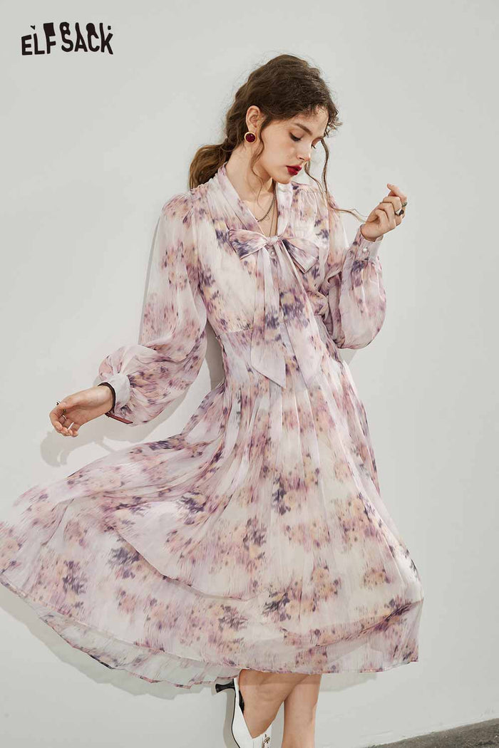 ELFSACK Breathable Bow Tie French Floral Graphic Resort Dress