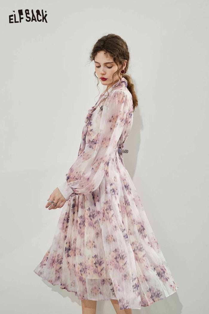ELFSACK Breathable Bow Tie French Floral Graphic Resort Dress