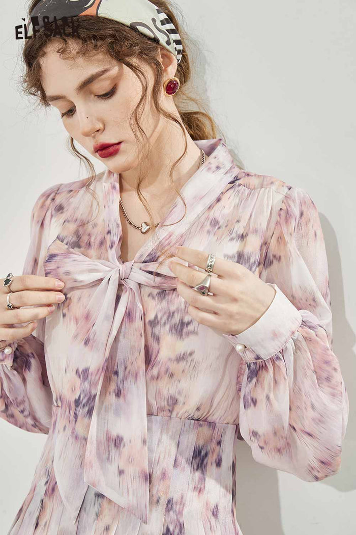 ELFSACK Breathable Bow Tie French Floral Graphic Resort Dress