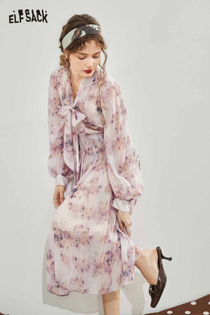 ELFSACK Breathable Bow Tie French Floral Graphic Resort Dress