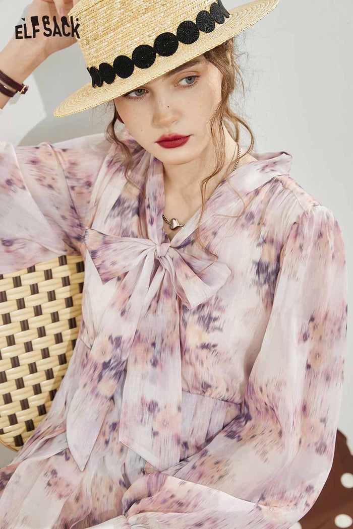 ELFSACK Breathable Bow Tie French Floral Graphic Resort Dress