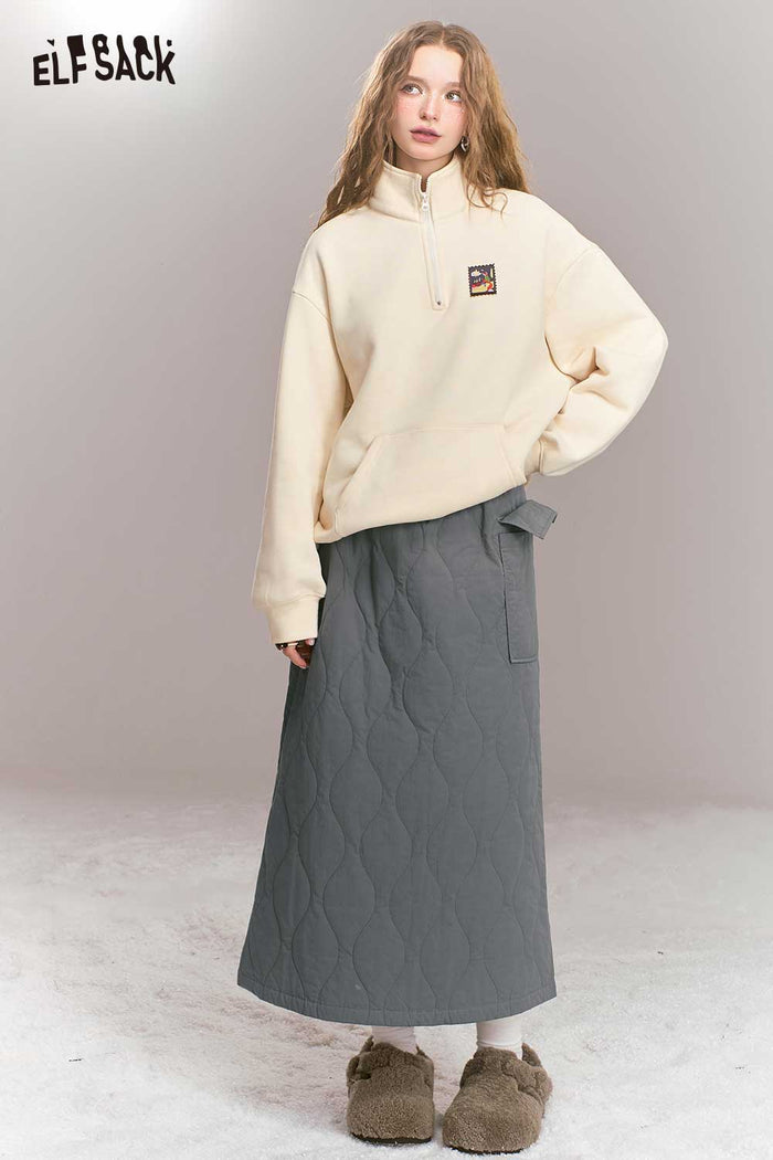ELFSACK Breathable Gray Quilted Large Pocket A-Line Long Skirt