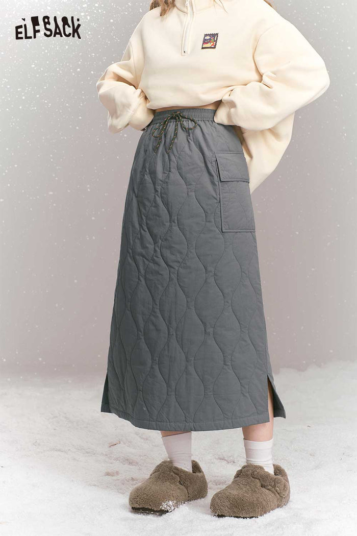 ELFSACK Breathable Gray Quilted Large Pocket A-Line Long Skirt