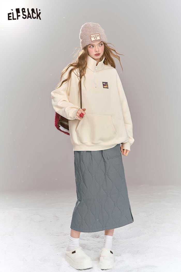 ELFSACK Breathable Gray Quilted Large Pocket A-Line Long Skirt