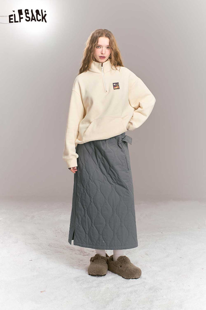 ELFSACK Breathable Gray Quilted Large Pocket A-Line Long Skirt