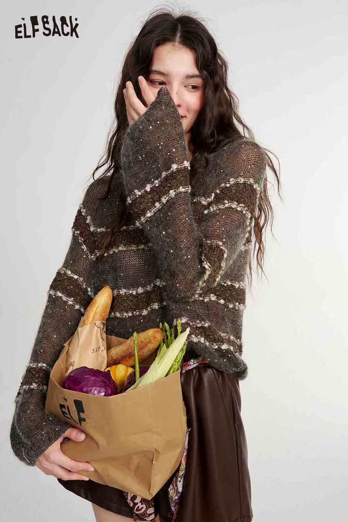Brown Striped Long Sleeve Loose Sweater