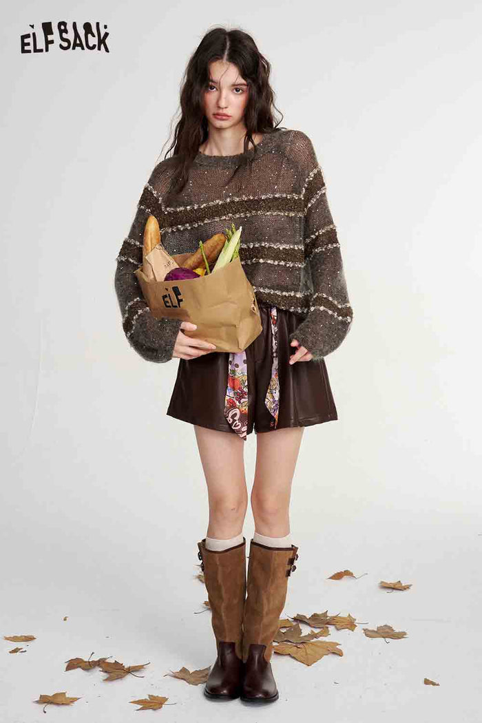 Brown Striped Long Sleeve Loose Sweater