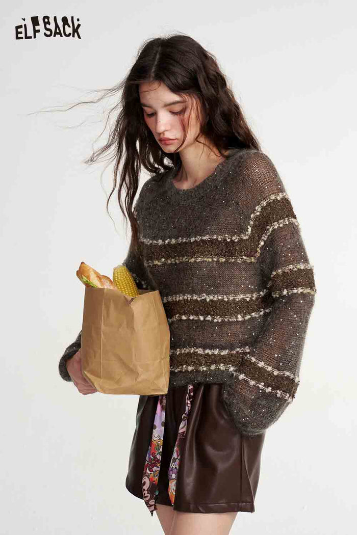 Brown Striped Long Sleeve Loose Sweater