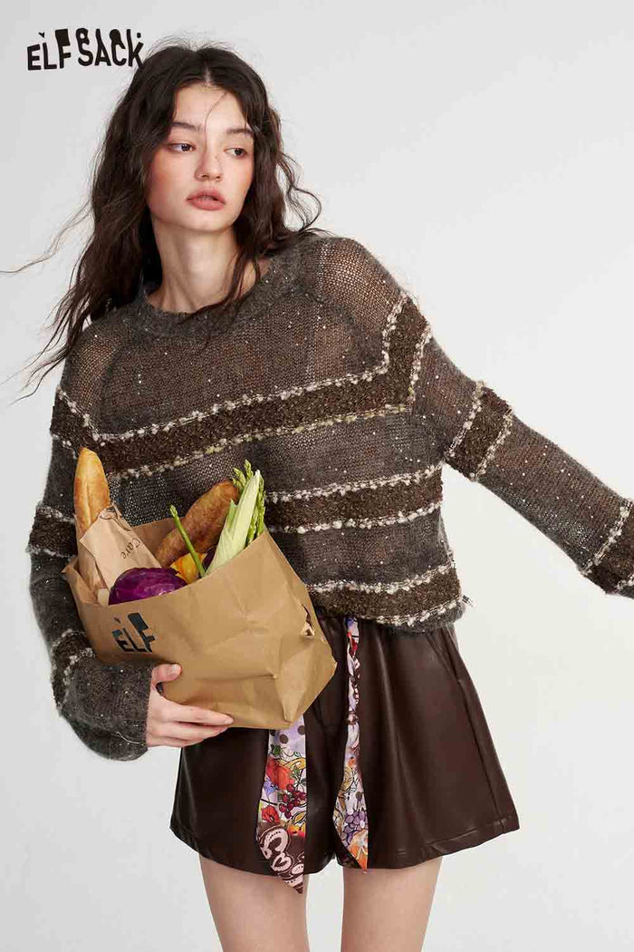 Brown Striped Long Sleeve Loose Sweater