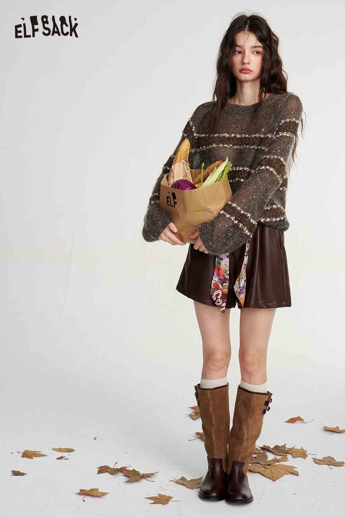 Brown Striped Long Sleeve Loose Sweater