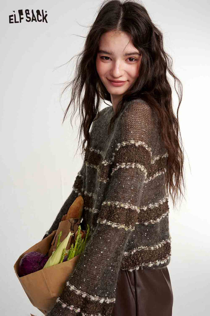 Brown Striped Long Sleeve Loose Sweater
