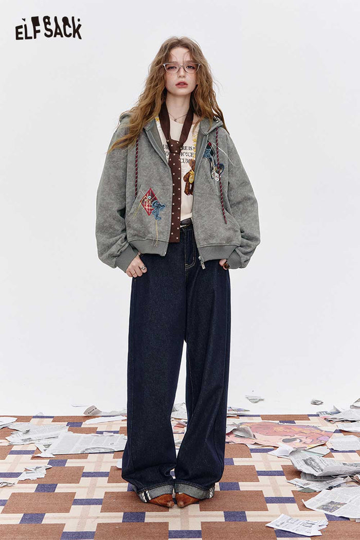 ELFSACK Brushed Fleece Relaxed Fit Hoodie with Playful Embroidered Motifs