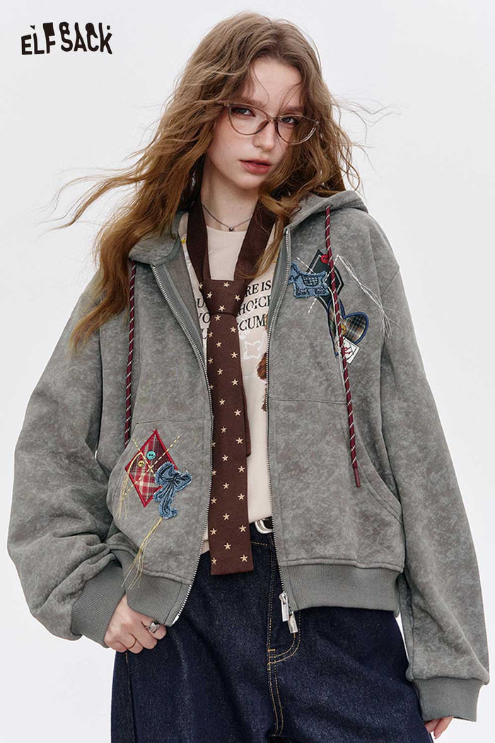ELFSACK Brushed Fleece Relaxed Fit Hoodie with Playful Embroidered Motifs