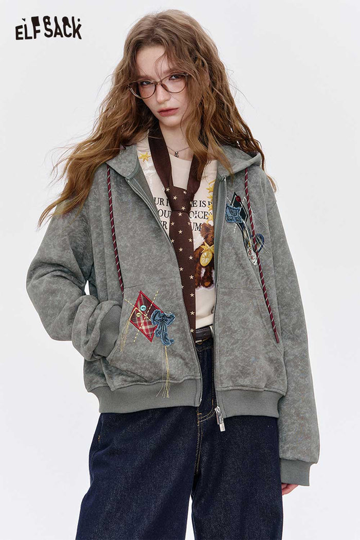 ELFSACK Brushed Fleece Relaxed Fit Hoodie with Playful Embroidered Motifs