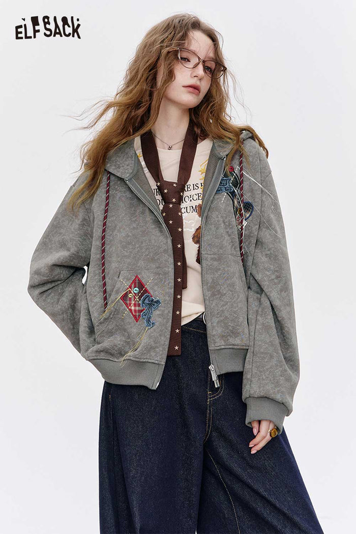 ELFSACK Brushed Fleece Relaxed Fit Hoodie with Playful Embroidered Motifs