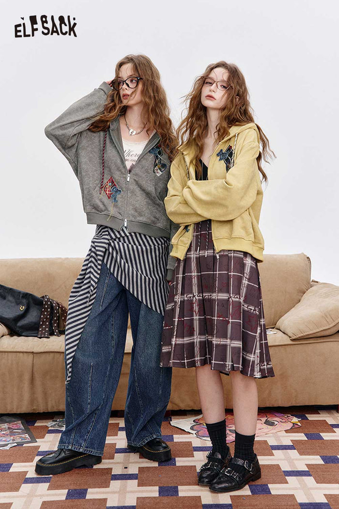 ELFSACK Brushed Fleece Relaxed Fit Hoodie with Playful Embroidered Motifs