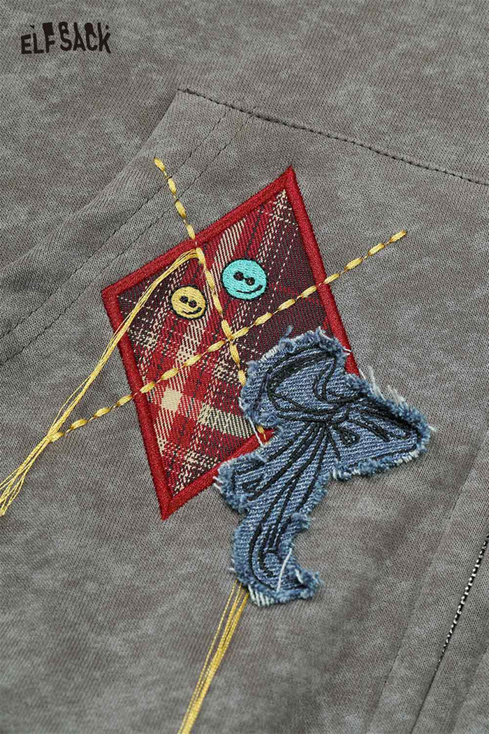 ELFSACK Brushed Fleece Relaxed Fit Hoodie with Playful Embroidered Motifs