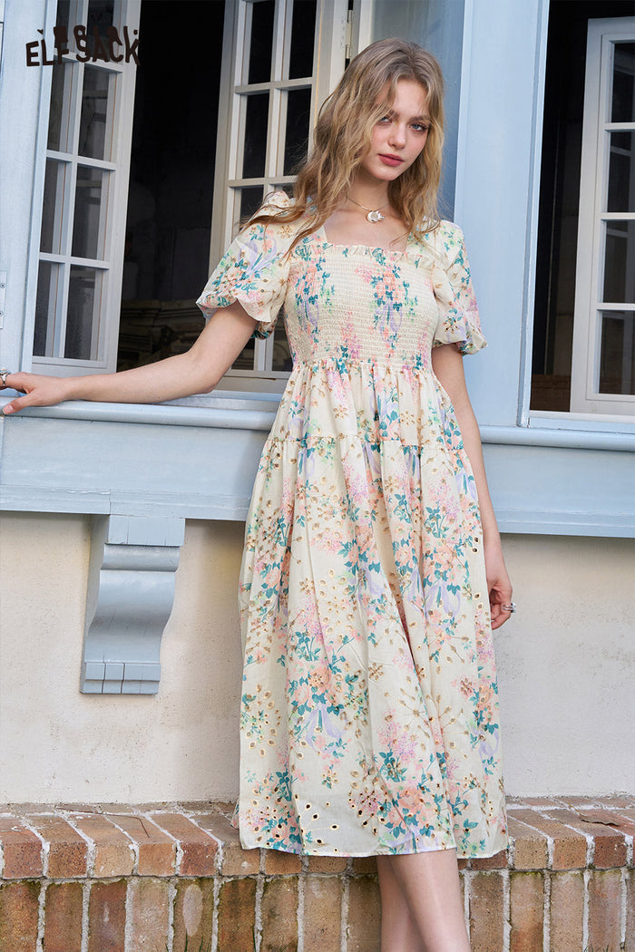 ELFSACK Bubble Sleeve Floral Chic Dress