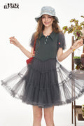ELFSACK Bubble Sleeve Mesh Patchwork Chic Dress