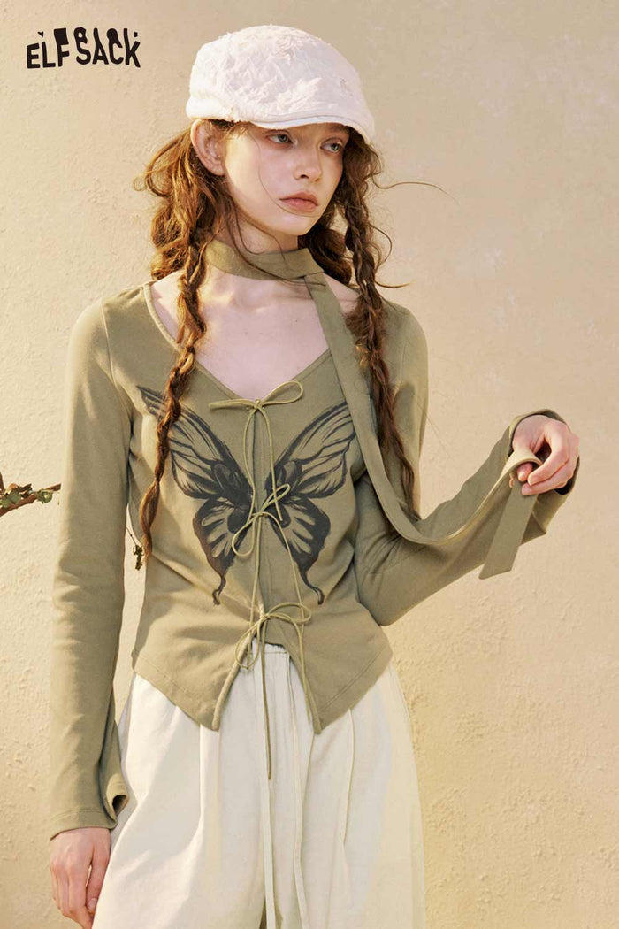 Butterfly Graphic Lace-up Crop Tee