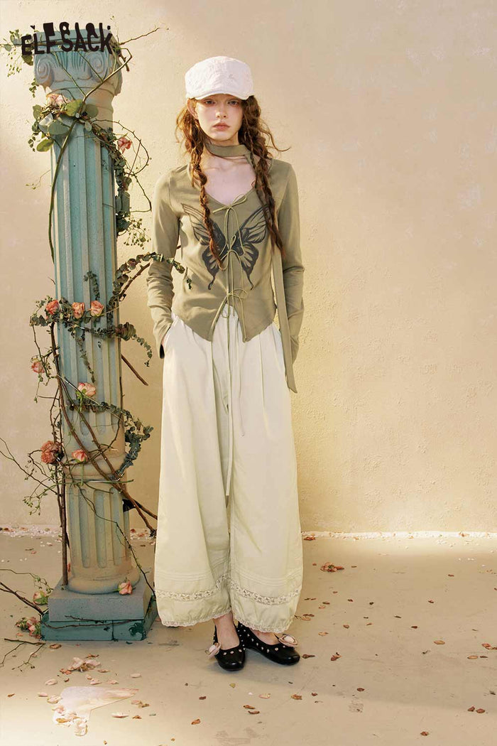 Butterfly Graphic Lace-up Crop Tee