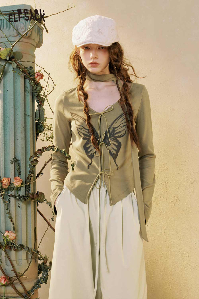 Butterfly Graphic Lace-up Crop Tee