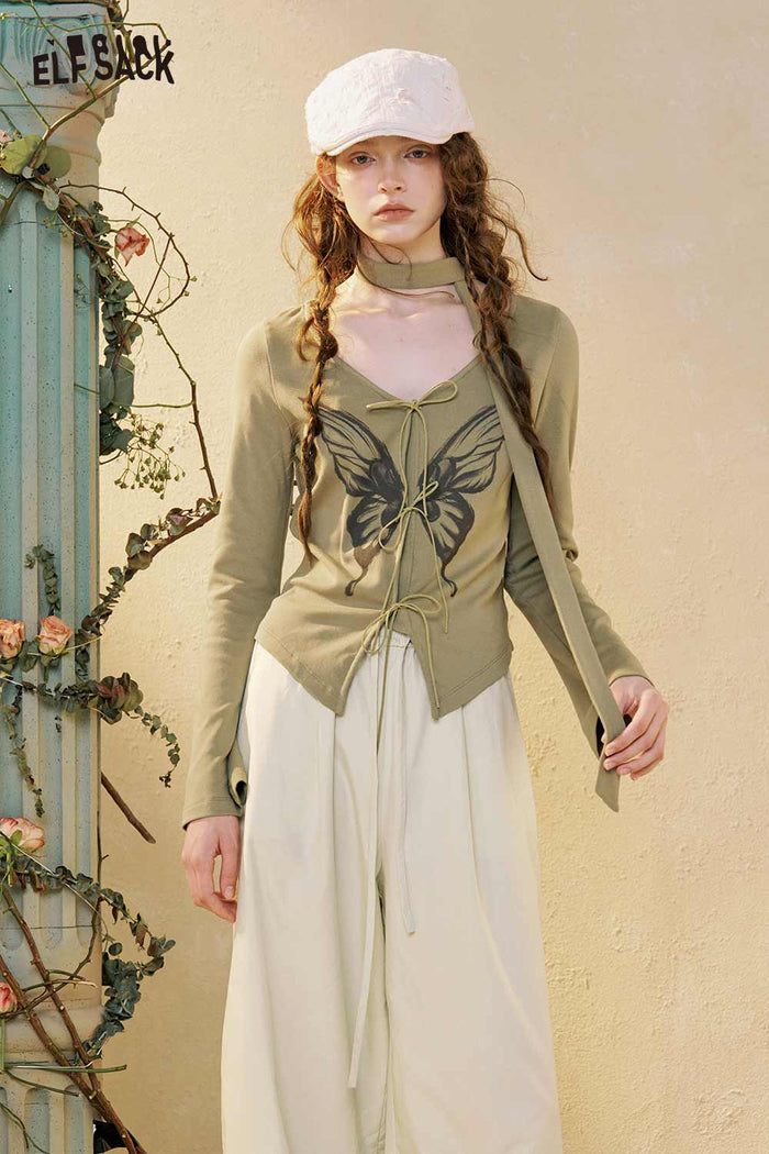 Butterfly Graphic Lace-up Crop Tee