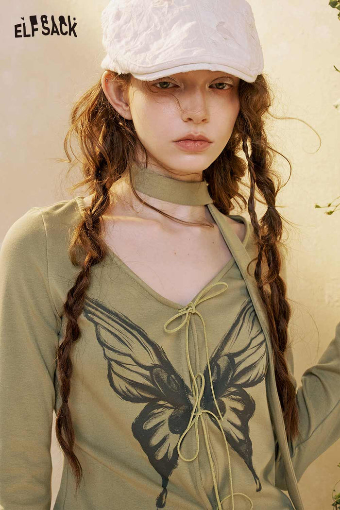 Butterfly Graphic Lace-up Crop Tee