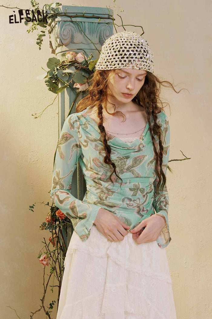 ELFSACK Butterfly Print Cowl Neck Long Sleeve Top