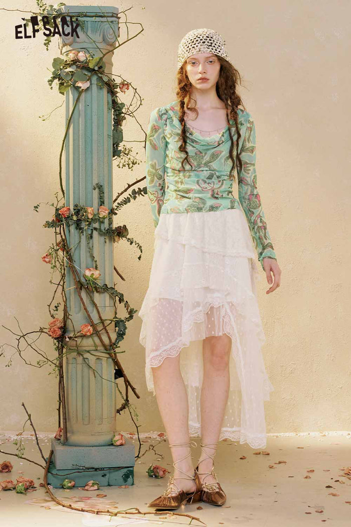 ELFSACK Butterfly Print Cowl Neck Long Sleeve Top