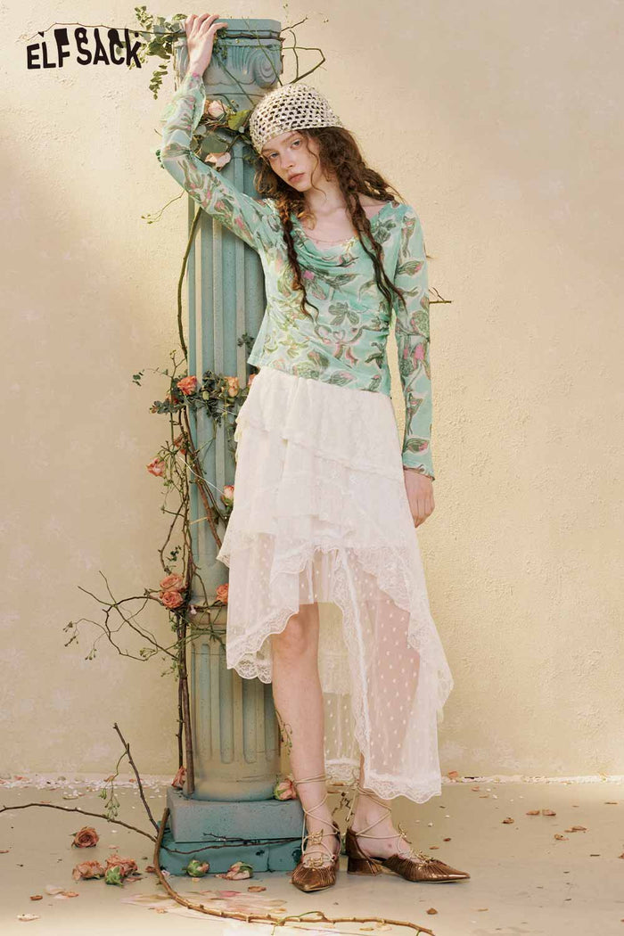 ELFSACK Butterfly Print Cowl Neck Long Sleeve Top
