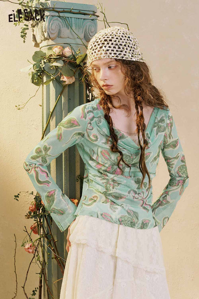 ELFSACK Butterfly Print Cowl Neck Long Sleeve Top