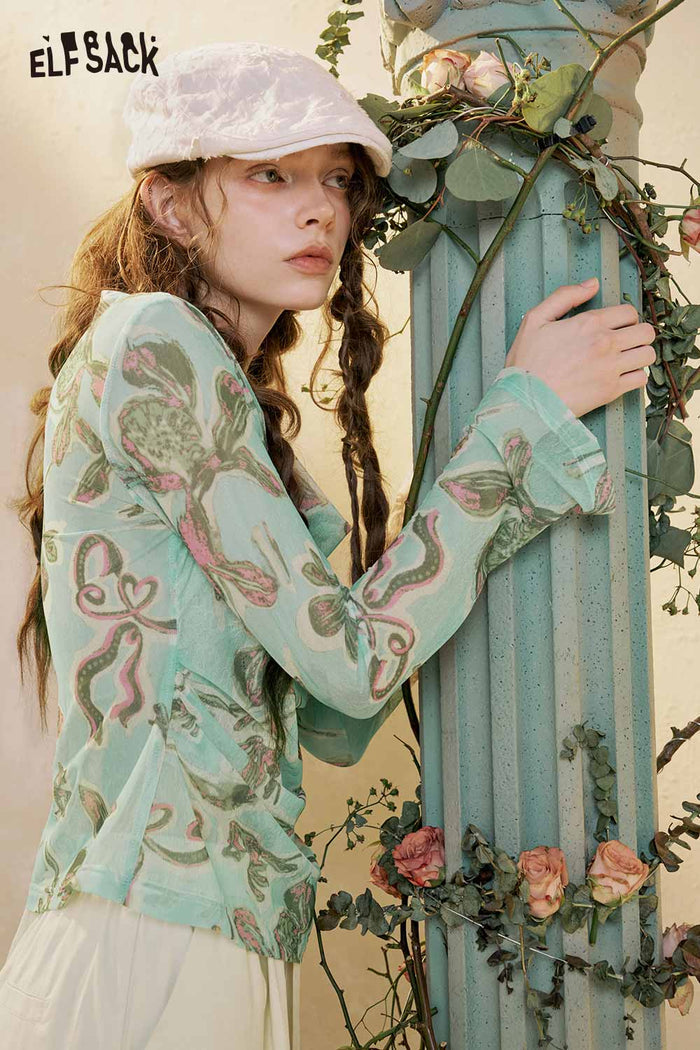 ELFSACK Butterfly Print Cowl Neck Long Sleeve Top