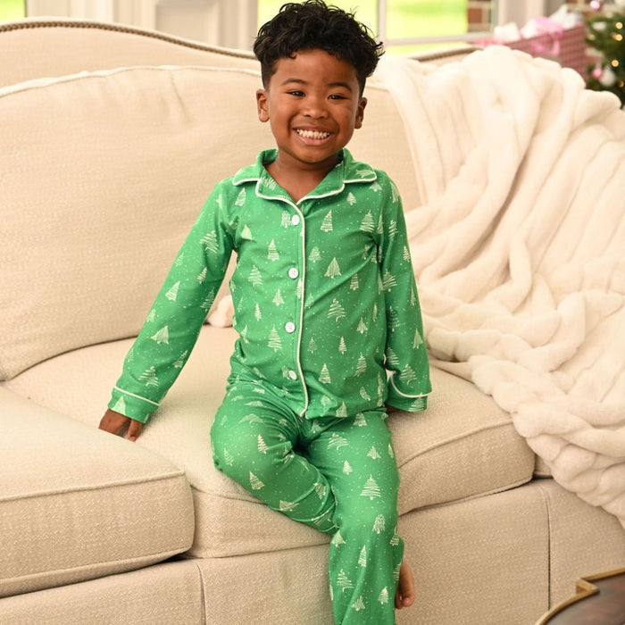 Button Down Pajamas - White Trees On Green Holiday Lounge - Sugar Bee Clothing