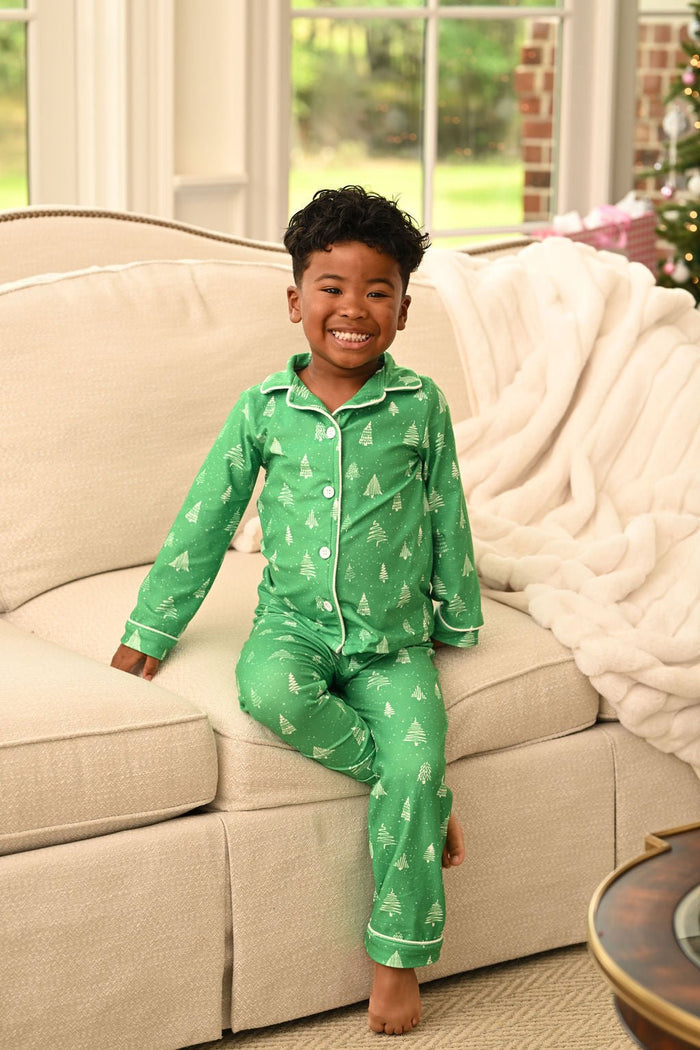 Button Down Pajamas - White Trees On Green Holiday Lounge - Sugar Bee Clothing