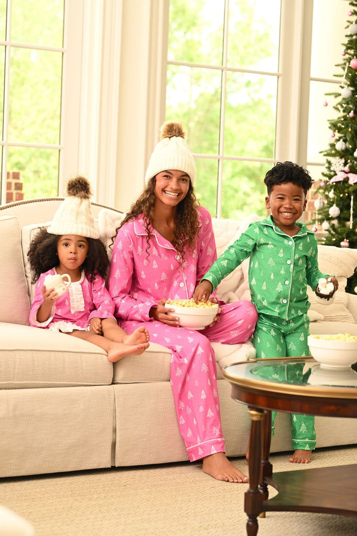 Button Down Pajamas - White Trees On Magenta Holiday Lounge - Sugar Bee Clothing
