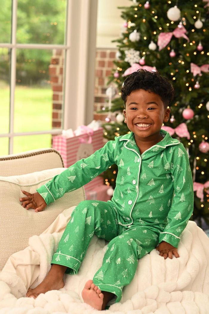 Button Down Pajamas - White Trees On Green Holiday Lounge - Sugar Bee Clothing