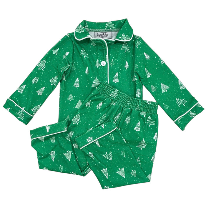 Button Down Pajamas - White Trees On Green Holiday Lounge - Sugar Bee Clothing
