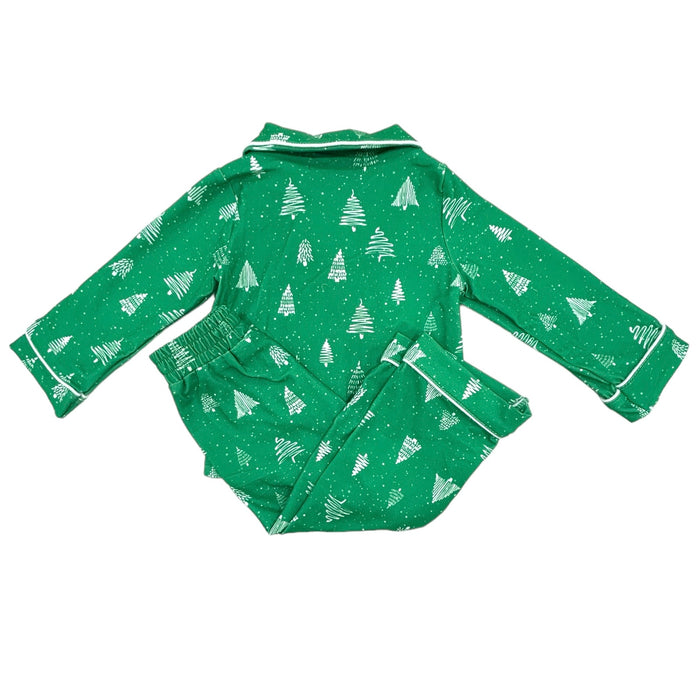Button Down Pajamas - White Trees On Green Holiday Lounge - Sugar Bee Clothing